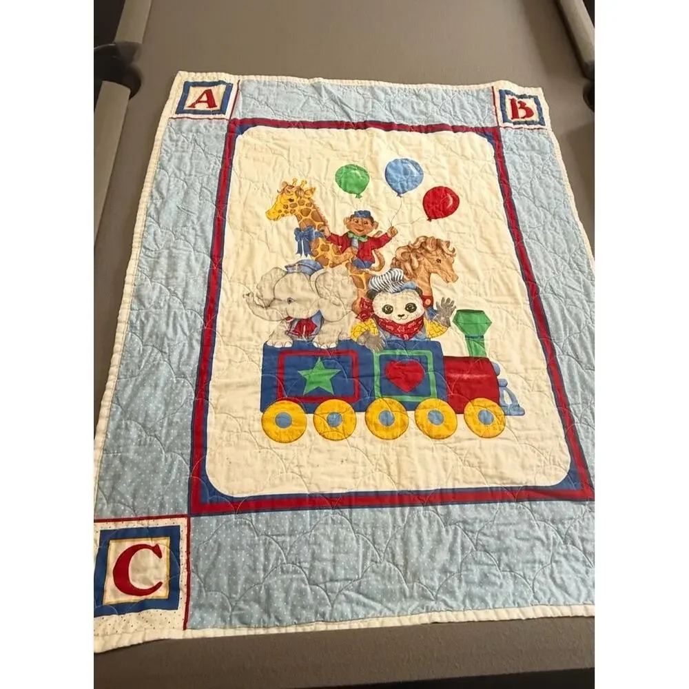 Handmade Baby Quilt Circus Train Animals ABC Nursery Blanket Vintage 90s Stain